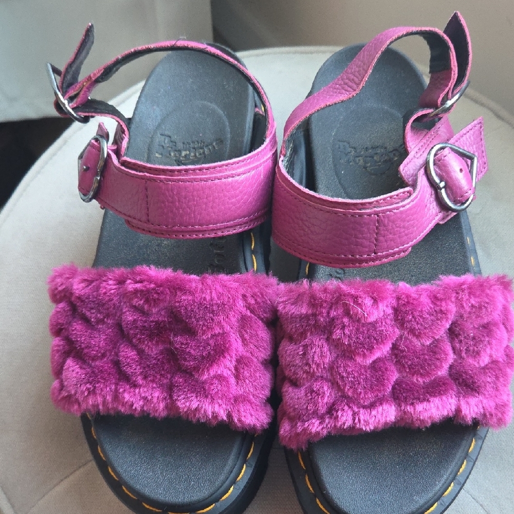 Doc Marten Chunky Pink Fuzzy Sandals with Heart  Buckle Straps 9